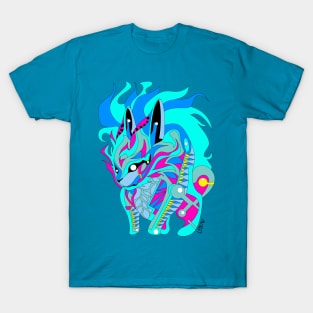 light blue rabbit kaiju in rainbow electric colors in mexican patterns T-Shirt